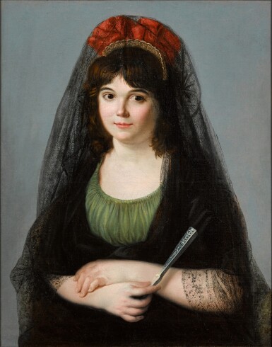 View full screen - View 1 of Lot 15. ZACARÍAS GONZÁLEZ VELÁZQUEZ | PORTRAIT OF A YOUNG WOMAN, HALF-LENGTH, HOLDING A FAN.