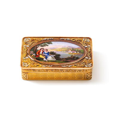 View full screen - View 1 of Lot 130. A three-coloured gold and enamel snuff box, probably Hanau with a Geneva enamel plaque, circa 1825.