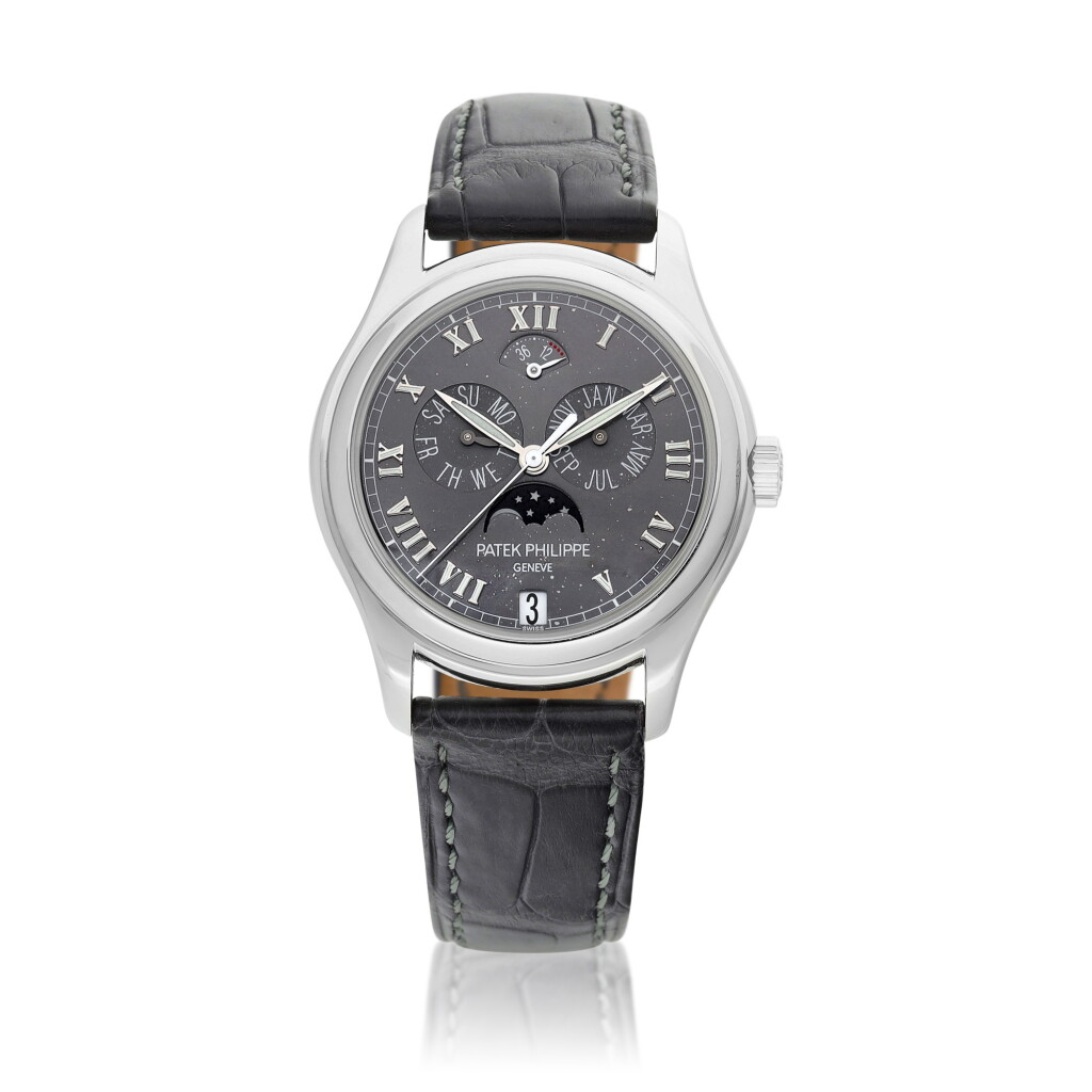 View full screen - View 1 of Lot 2197. Reference 5056 | A platinum annual calendar wristwatch with day, date, moon phases and power reserve indication, Circa 2003 | 百達翡麗 | 型號5056 | 鉑金年曆腕錶,備日期、星期、月相及動力儲備顯示,約2003年製.