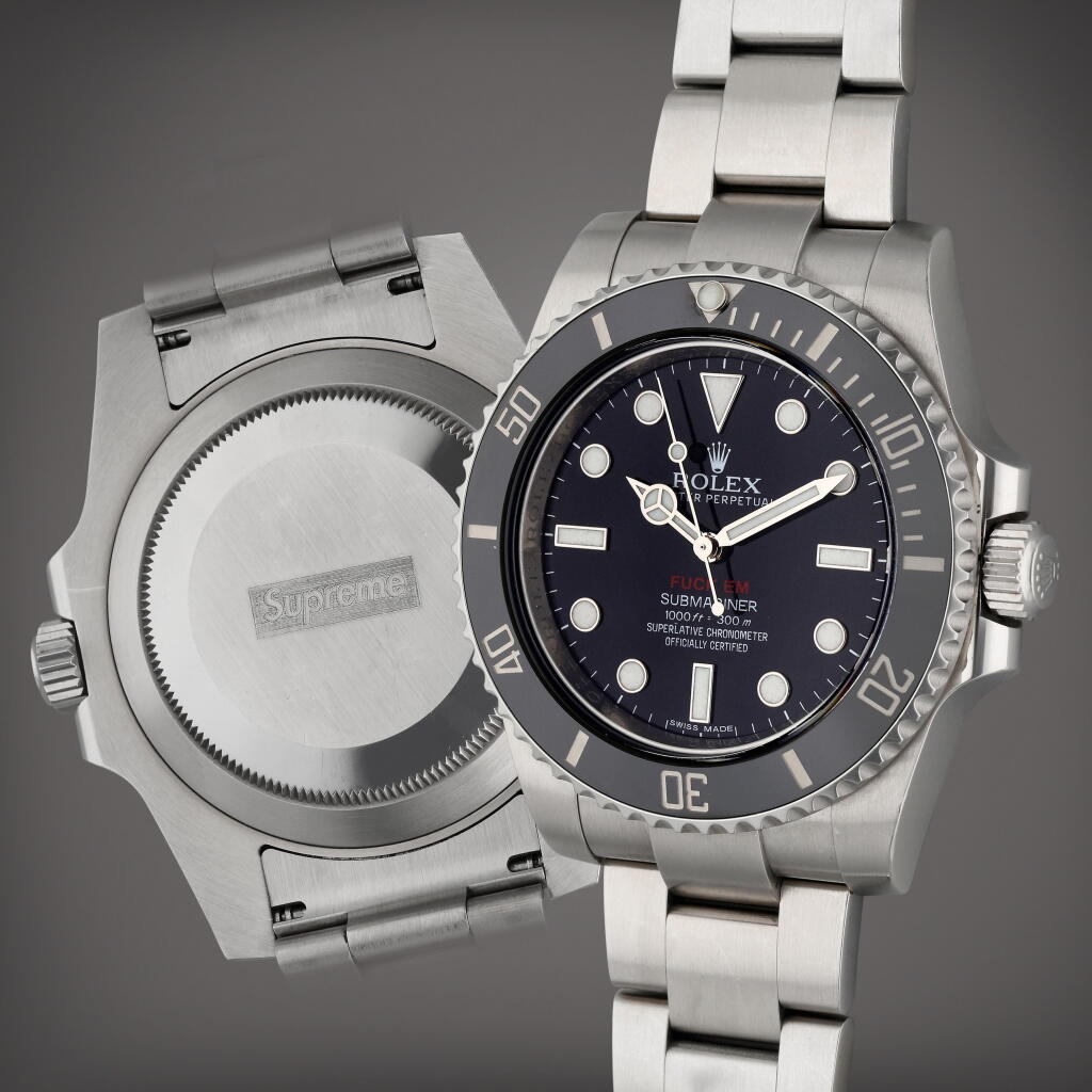 全螢幕檢視 - 查看249Reference 114060 Submariner Supreme ‘Fuck Em’ | A stainless steel automatic wristwatch with bracelet, Circa 2013的1