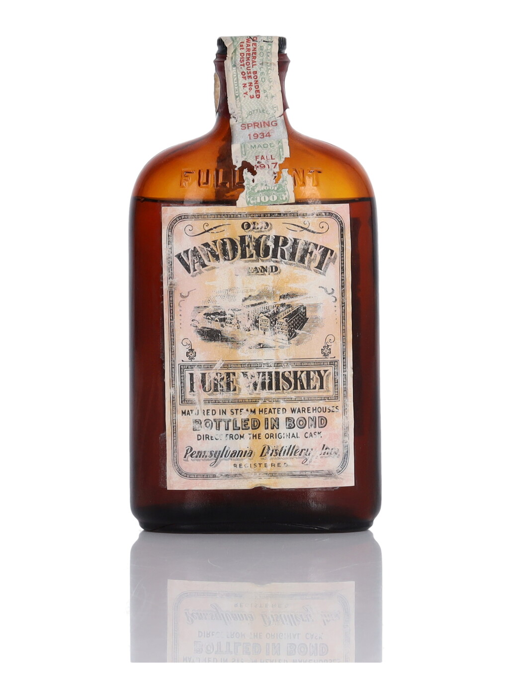 View full screen - View 1 of Lot 275. Old Vandergrift Pure Whiskey 100 Proof 1917 (1 Pint).