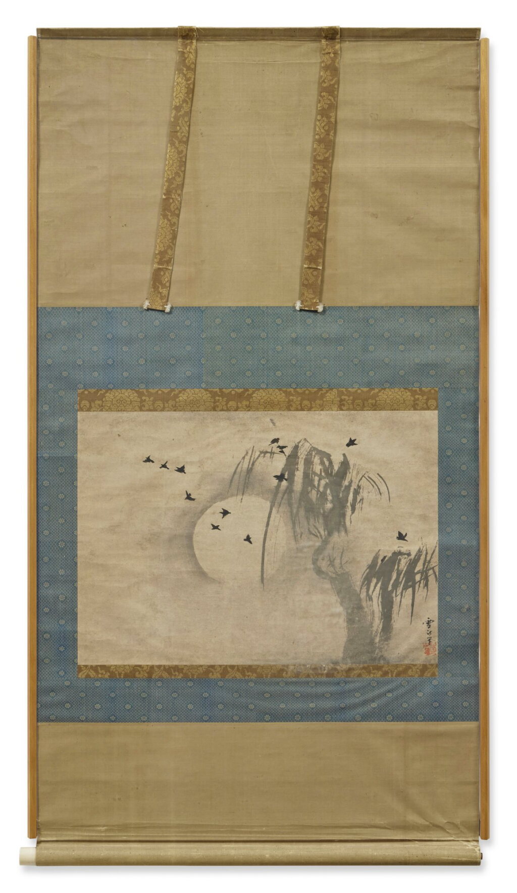 View full screen - View 1 of Lot 810. Hasegawa School, Painting of crows, willow trees, and the full moon, ink on paper, hanging scroll, framed, 17th century.