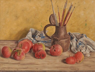 View full screen - View 1 of Lot 157. AIME BARRAUD | NATURE MORTE AUX POMMES, AUX PINCEAUX ET AU PICHET.