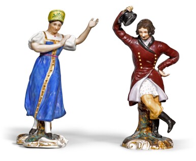 View full screen - View 1 of Lot 270. Two porcelain figures of dancing peasants, Gardner Porcelain Factory, Verbilki, 19th century.