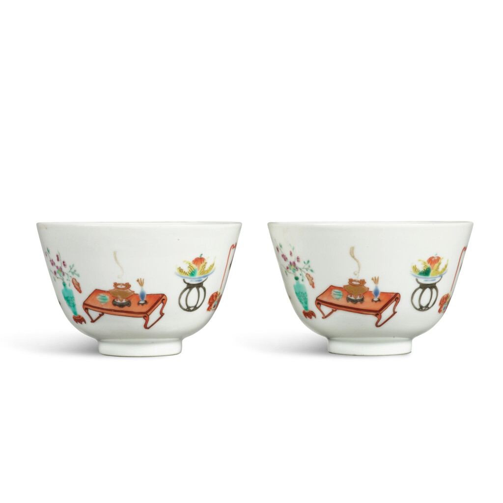 View full screen - View 1 of Lot 103. A fine pair of famille-rose ‘Hundred Antiques’ cups, Marks and period of Yongzheng .