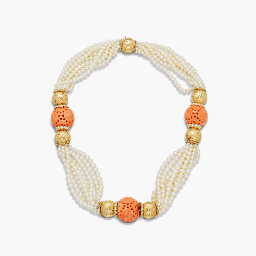 View full screen - View 1 of Lot 285. Gold, Cultured Pearl, Coral and Diamond Necklace.