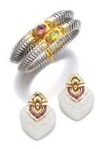 PAIR OF PORCELAIN AND TOURMALINE EAR CLIPS, 'CHANDRA', BULGARI AND A GOLD, STEEL AND TOURMALINE BRACELET | BULGARI