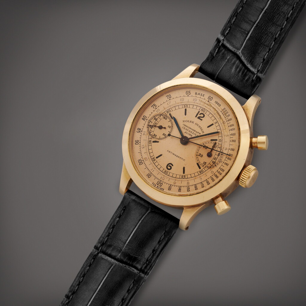 View full screen - View 1 of Lot 8. Retailed by Cravanzola, Roma: 'Monoblocco', Reference 3525 | A pink gold chronograph wristwatch | Circa 1939.