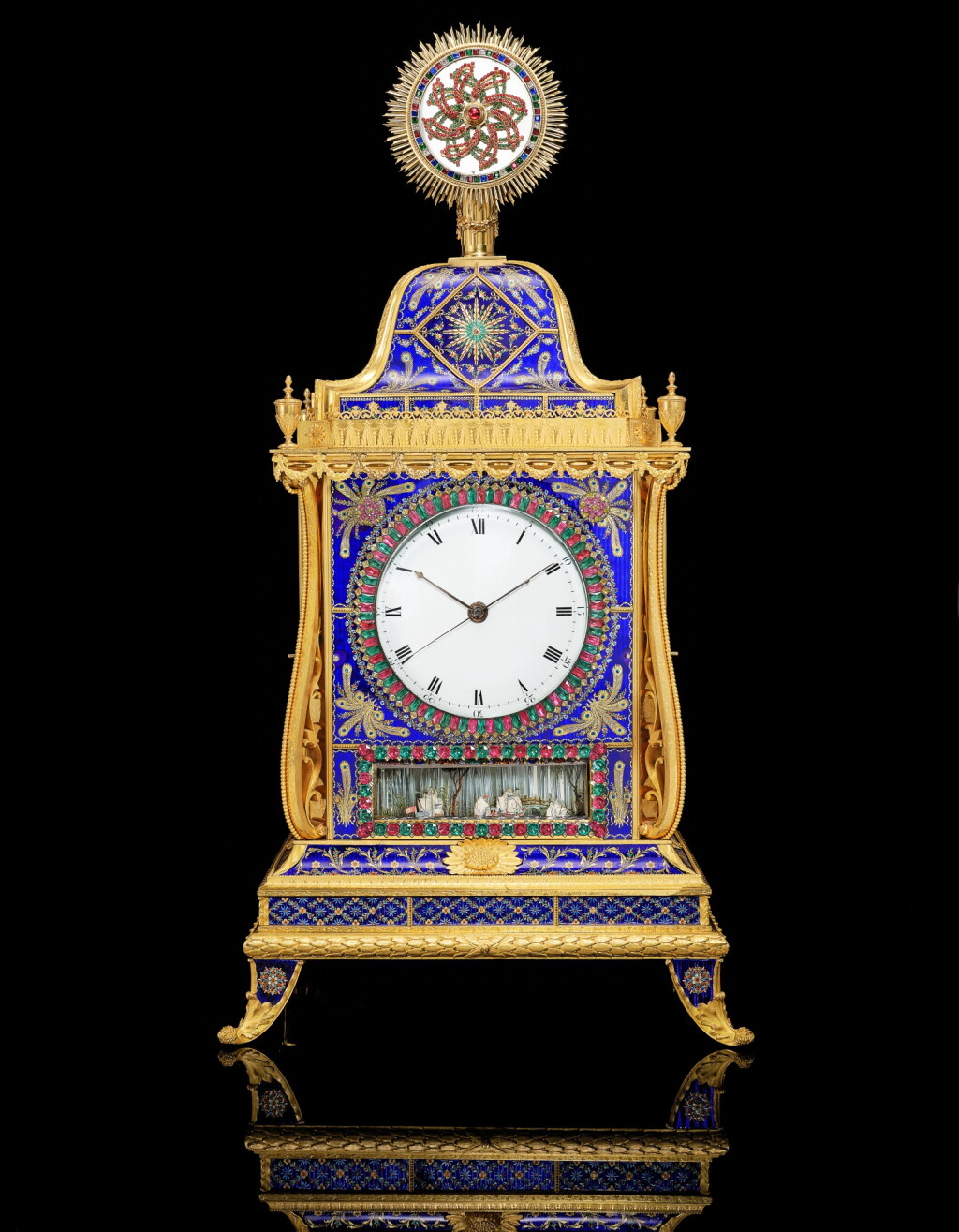 View full screen - View 1 of Lot 2258. An extraordinary and important English ormolu and guilloché enamel quarter-chiming clock with music, automaton and concealed sailing ships automaton | London, George III Period (1760-1820), Late 18th Century.