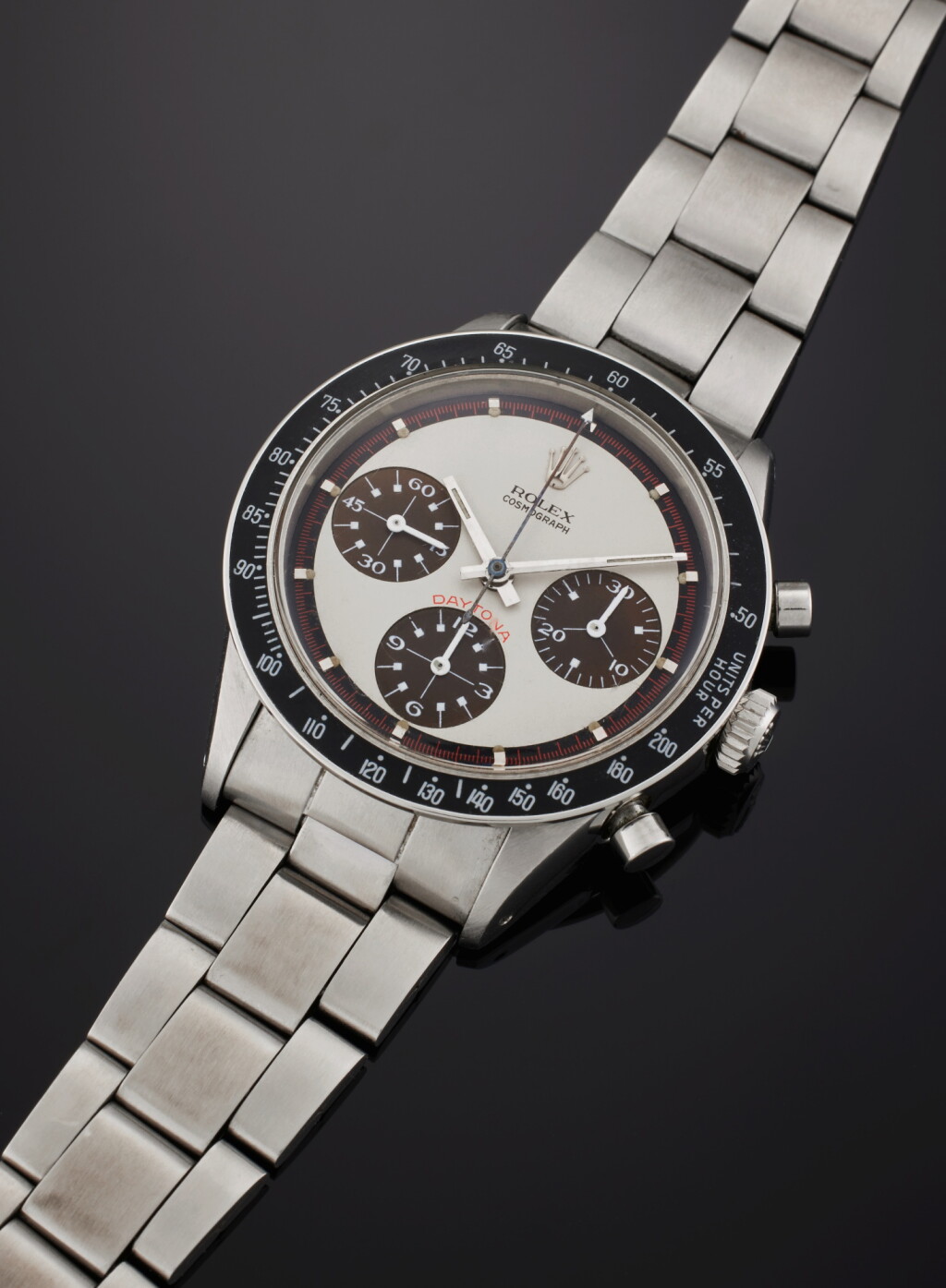 View full screen - View 1 of Lot 46. Reference 6241 ‘Tropical Paul Newman’ Daytona | A stainless steel chronograph wristwatch with bracelet and tropical dial, Circa 1968.
