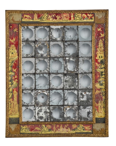 View full screen - View 1 of Lot 57. A Régence verre eglomisé and pietra paesina mounted giltwood mirror, early 18th century.