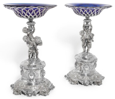 View full screen - View 1 of Lot 144. A PAIR OF VICTORIAN PARCEL-GILT SILVER COMPORTS, ALEXANDER MACRAE FOR HARRY EMMANUEL, LONDON, 1859.