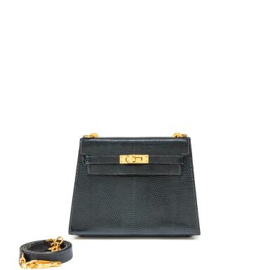 View full screen - View 1 of Lot 629. Vintage Black Salvator Lizard Mini Kelly I Gold Hardware, 1989.