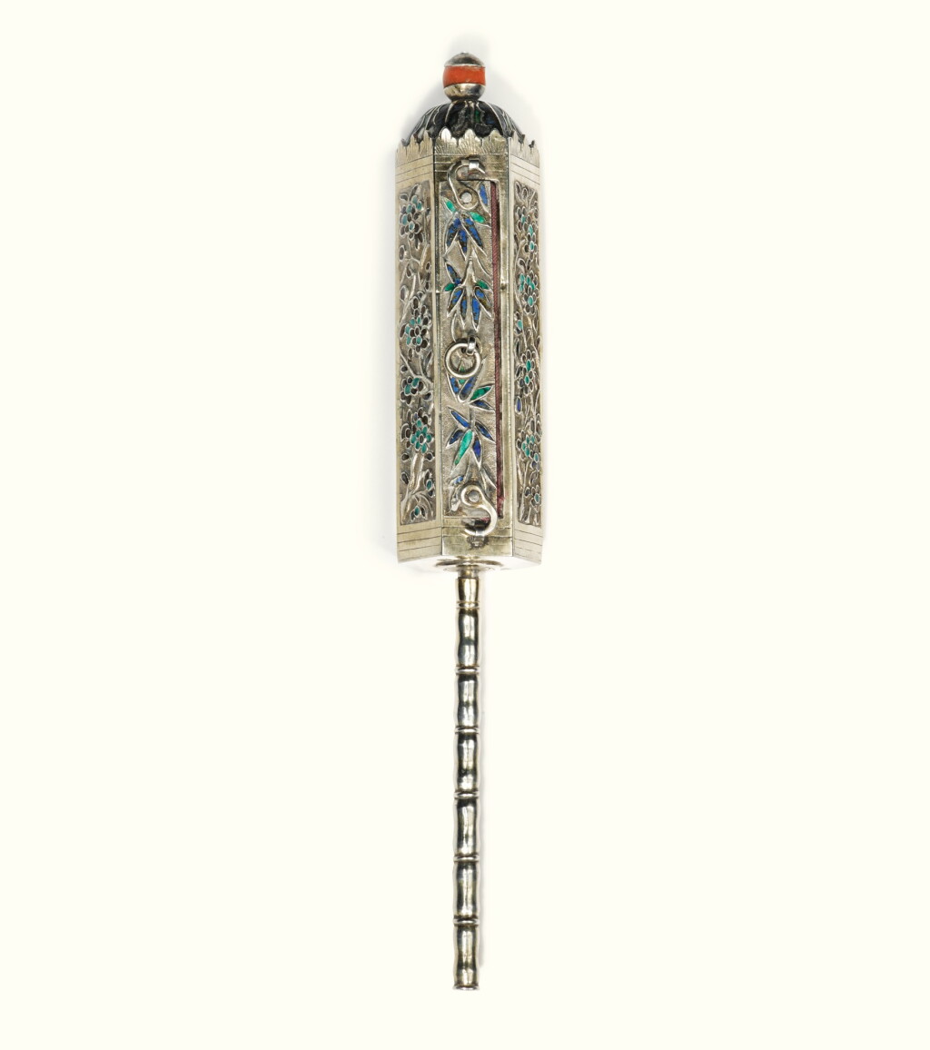 View full screen - View 1 of Lot 14. A CHINESE EXPORT SILVER-GILT AND ENAMEL MINIATURE ESTHER SCROLL CASE, MARKED GOTHIC K, MID TO LATE 19TH CENTURY.