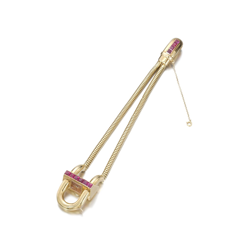 View full screen - View 1 of Lot 1071. Yellow gold and ruby wristwatch, 'Cadenas'.