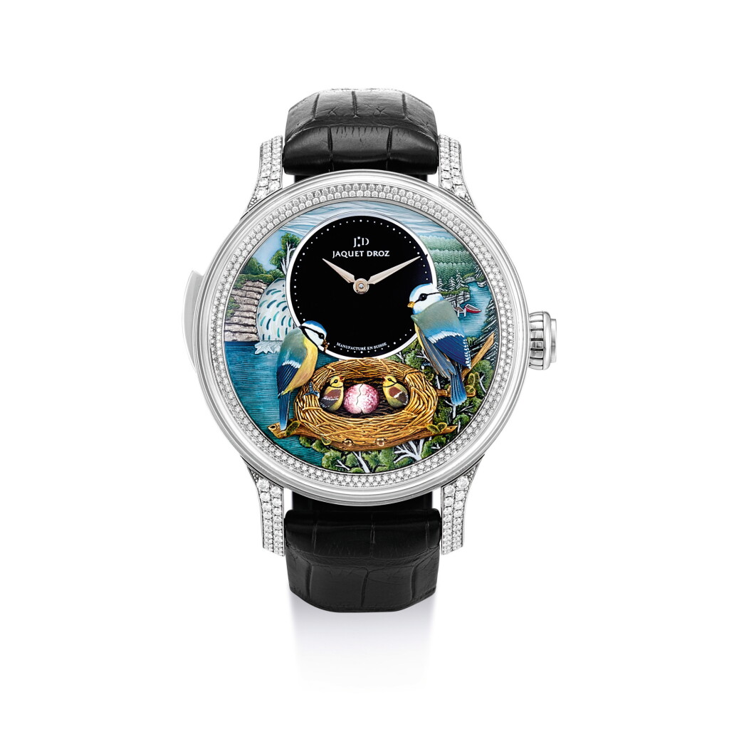 View full screen - View 1 of Lot 2266. JAQUET DROZ | A LIMITED EDITION WHITE GOLD AND DIAMOND-SET MINUTE REPEATING WRISTWATCH WITH AUTOMATION BIRDS, HAND-ENGRAVED AND PAINTED MOTHER-OF-PEARL AND ONYX DIAL, CIRCA 2015 " | 雅克德羅 | The Bird Repeater 型號J031034200 限量版白金鑲鑽石三問腕錶,備自動人偶、手繪珠母貝及瑪瑙錶盤,機芯編號002,錶殼編號6/8,約2015年製".