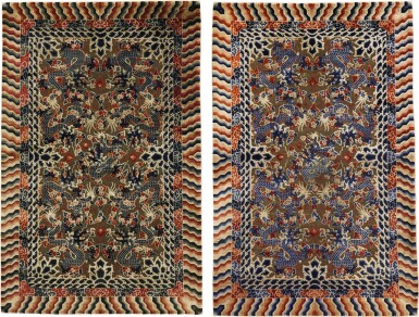 View full screen - View 1 of Lot 317. A MATCHED PAIR OF SILK AND METAL THREAD 'NINE DRAGON' CARPETS 20TH CENTURY | 二十世紀 編絲絨掐金線九龍紋地毯一組兩件.
