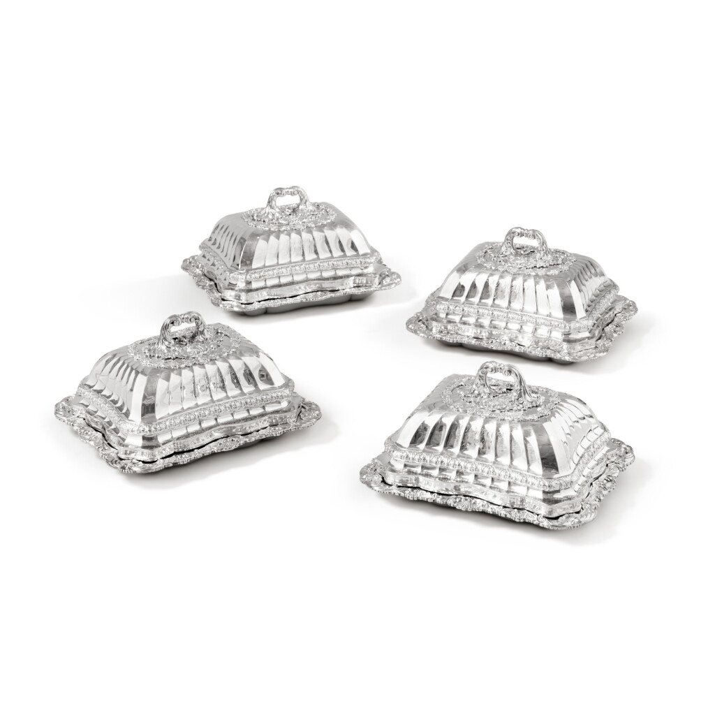 View full screen - View 1 of Lot 894. A set of four George III silver entrée dishes and covers, Philip Rundell, for Rundell, Bridge and Rundell, London, 1821.