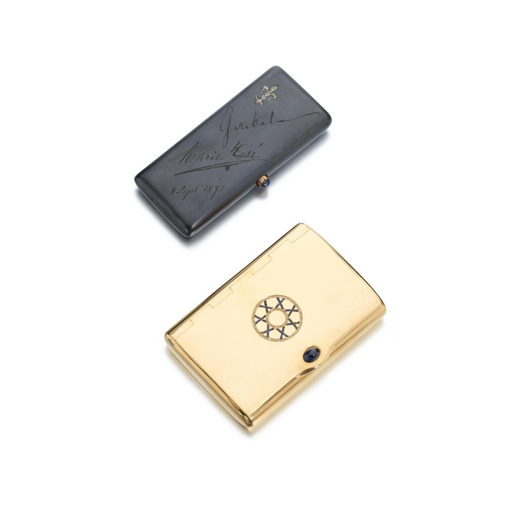 View full screen - View 1 of Lot 1124. Gold, sapphire and diamond cigarette case, circa 1909 and a gunmetal, sapphire and diamond cigarette case, circa 1898.