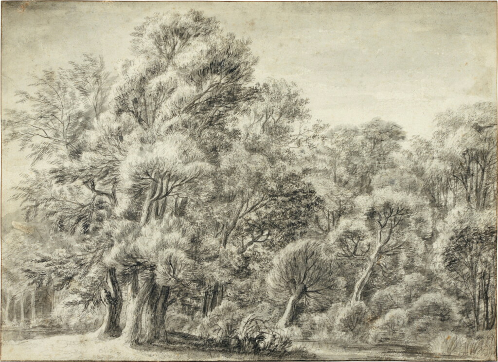 View full screen - View 1 of Lot 159. Landscape with dense woods by a stream.