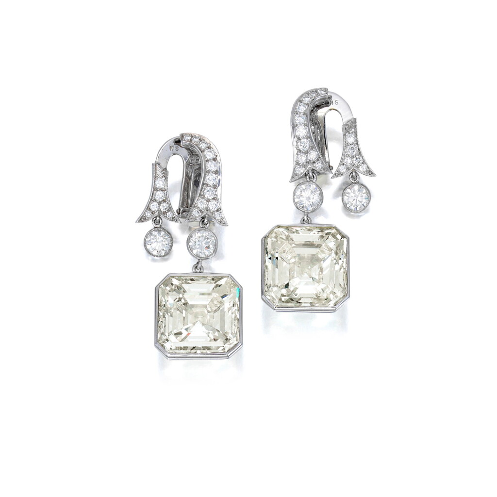 View full screen - View 1 of Lot 35. Pair of Diamond Pendant-Earclips.