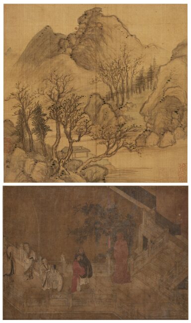 View full screen - View 1 of Lot 259. Anonymous (Late Ming Dynasty), Figures; attributed to Sheng Mao, Landscape, ink and color on silk, two album leaves.