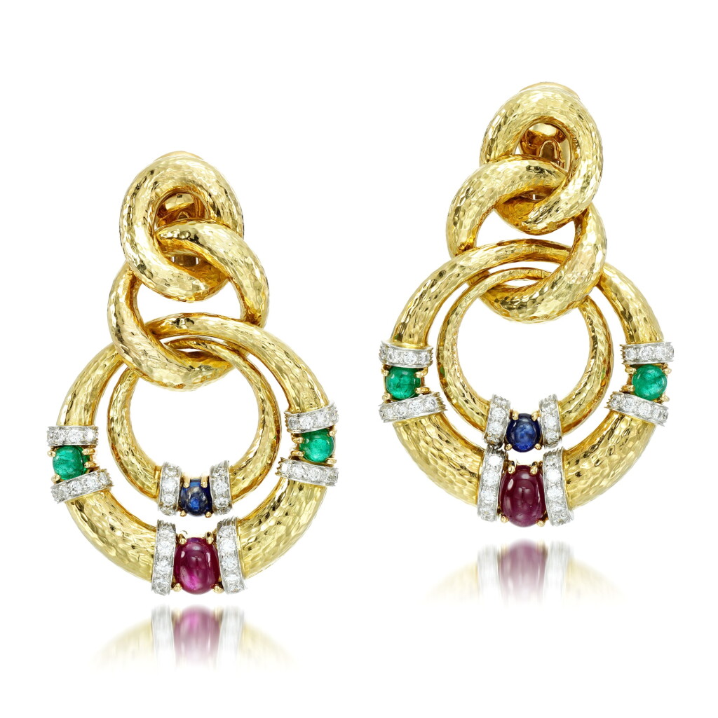 View full screen - View 1 of Lot 99. Pair of gem-set and diamond ear clips.