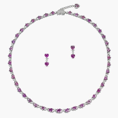 View full screen - View 1 of Lot 1429. Pink Sapphire and Diamond Demi-Parure | 粉紅色剛玉 配 鑽石 項鏈 及 耳環 套裝.