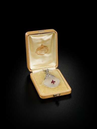 View full screen - View 1 of Lot 28. A very rare Fabergé jewelled platinum and rock crystal ‘Ice’ Red Cross pendant, workmaster Albert Holmström, after the design by Alma Pihl, St Petersburg, circa 1915.