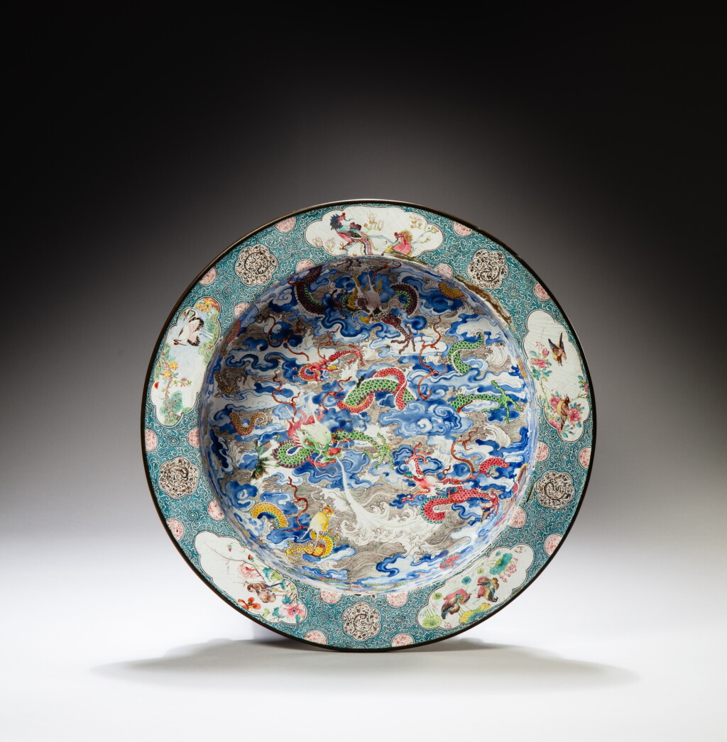 View full screen - View 1 of Lot 4. A Canton enamel 'dragon' basin, Qing dynasty, Jiaqing - Daoguang period | 清嘉慶至道光 銅胎廣東畫琺瑯龍紋大盤.