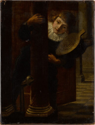 View full screen - View 1 of Lot 216. Young boy with bellows peering behind column.