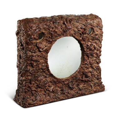 View full screen - View 1 of Lot 3635. An important and superbly carved imperial chenxiang mirror 'raree' cabinet, Qing dynasty, Qianlong period, possibly commissioned in the 17th year (1752) | 清乾隆 或製於十七年(1752年) 御製沉香木浮雕雲龍紋〈是一是二圖〉仙境西洋座鏡.