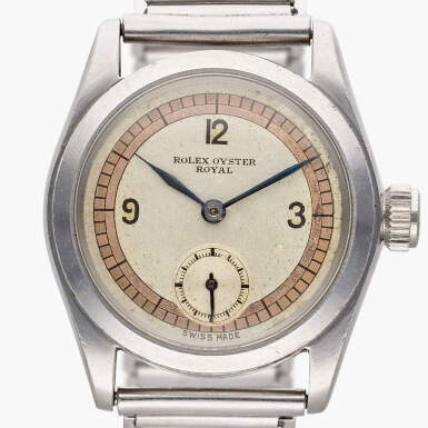 View full screen - View 1 of Lot 403. Reference 2280 Oyster Royal | A stainless steel wristwatch with bracelet and two-tone sector dial, Circa 1941.