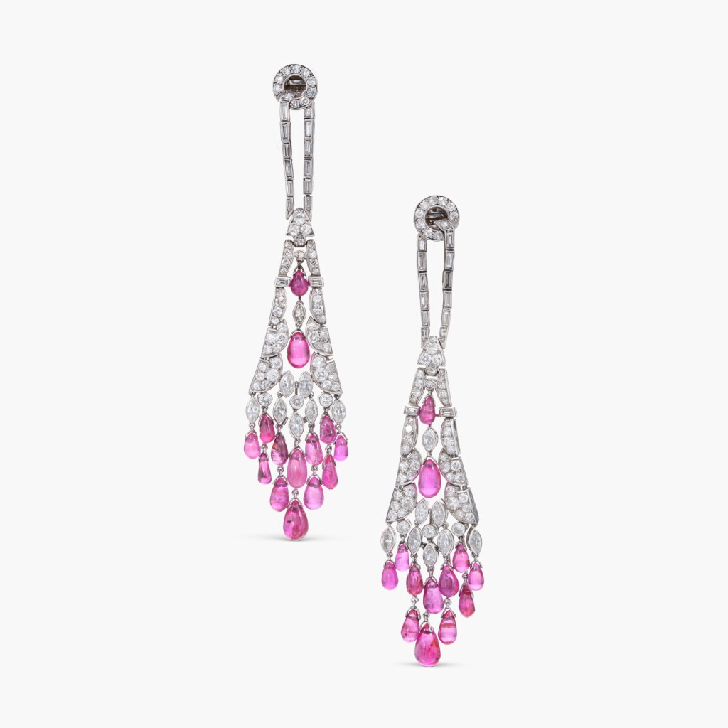 View full screen - View 1 of Lot 624. Elegant Pair of Ruby and Diamond Pendent Earclips 典雅 紅寶石 配 鑽石 耳墜一對.