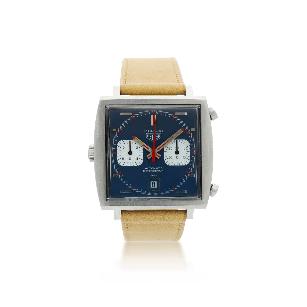 View full screen - View 1 of Lot 83. HEUER | REFERENCE 1133 MONACO A STAINLESS STEEL RECTANGULAR CHRONOGRAPH WRISTWATCH WITH DATE, CIRCA 1970.