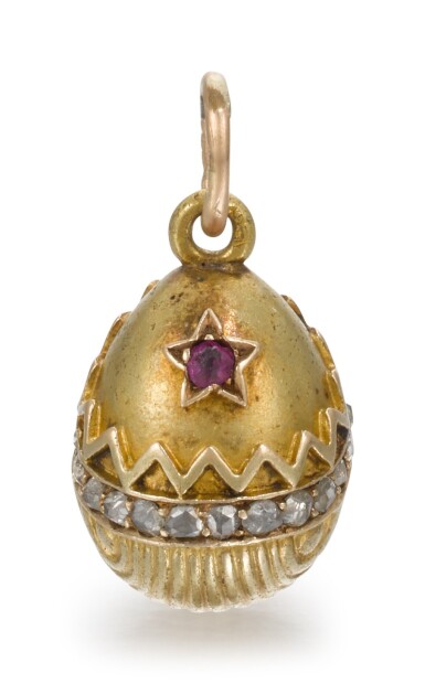 View full screen - View 1 of Lot 62. A Fabergé jewelled gold egg pendant, workmaster Erik Kollin, St Petersburg, circa 1900.