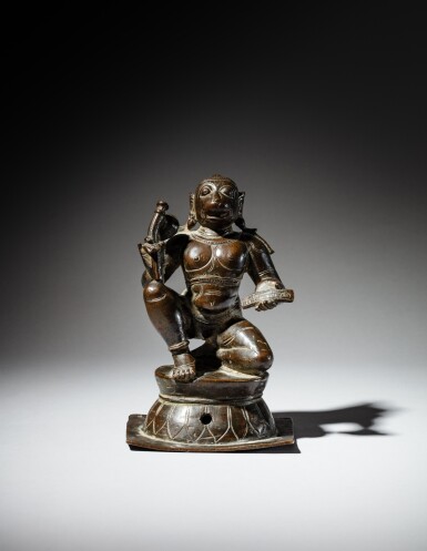 View full screen - View 1 of Lot 145. A bronze kneeling figure of Hanuman, South India, 16th century | 南印度 十六世紀 銅哈奴曼立像.