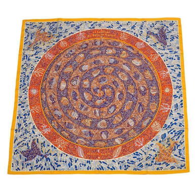 View full screen - View 1 of Lot 130. Hermès "La Legende du Poisson Corail" Silk Twill Scarf 90cm.