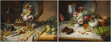 View full screen - View 1 of Lot 366. Still life of flowers, a mirror, apples, a dead goldfinch, shells, a quill, a pair of scissors, a thimble, and other objects, on a table draped with an elaborate cloth; and Still life of flowers, jewellery, a pair of binoculars, a mirror, a silver cup, and other objects, on a marble table.