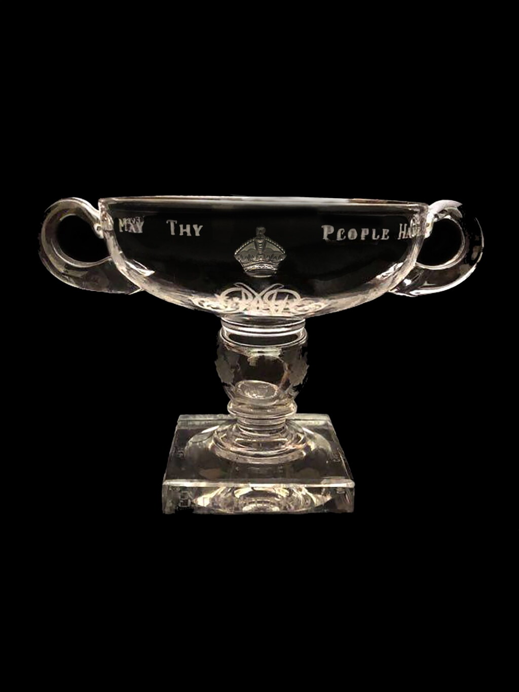 View full screen - View 1 of Lot 3. "The Supplication Cup", An engraved glass two-handled coin cup celebrating the Silver Jubilee of King George V and Queen Mary, 1935.