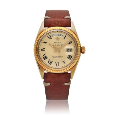 View full screen - View 1 of Lot 112. Reference 1803 Day-Date, A yellow gold automatic wristwatch with day, date and bracelet, Circa 1966.