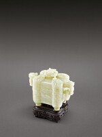 A white jade archaistic incense burner and cover Qing dynasty, Qianlong period | 清乾隆 白玉仿古饕餮紋雙獸活環耳四足方蓋爐