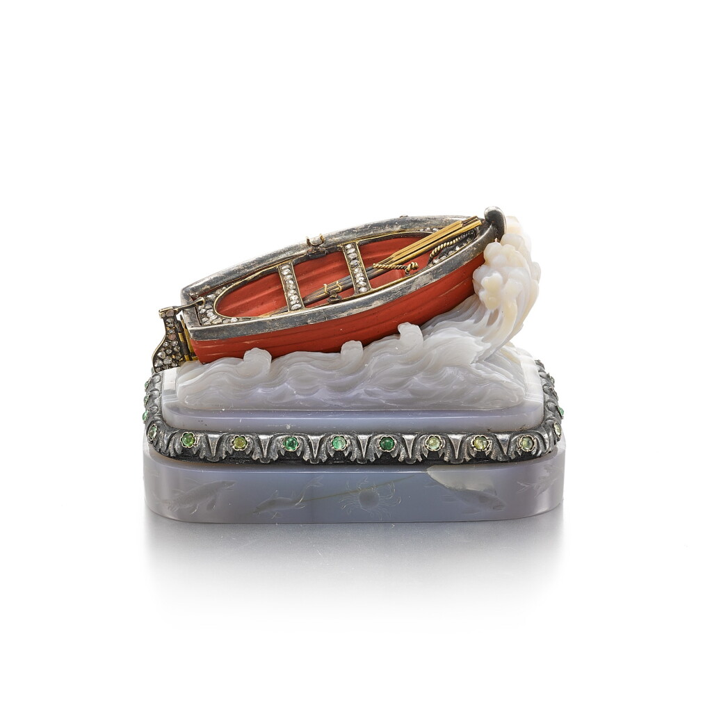 View full screen - View 1 of Lot 43. Agate and Diamond Boat, Circa 1930.
