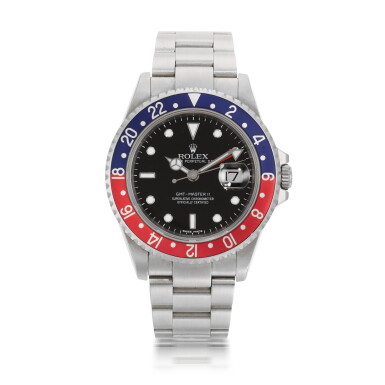 View full screen - View 1 of Lot 701. REFERENCE 16710, GMT MASTER II 'STICK DIAL' STAINLESS STEEL DUAL-TIME WRISTWATCH WITH DATE AND BRACELET CIRCA 2007.