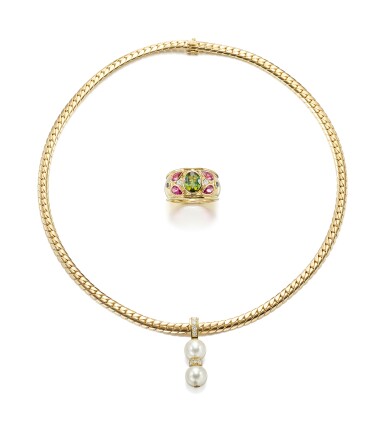 View full screen - View 1 of Lot 9112. CULTURED PEARL AND DIAMOND PENDENT NECKLACE; AND GEM SET AND DIAMOND RING, CARTIER | 養殖珍珠 配 鑽石 項鏈, 及 寶石 配 鑽石 戒指,卡地亞(Cartier).