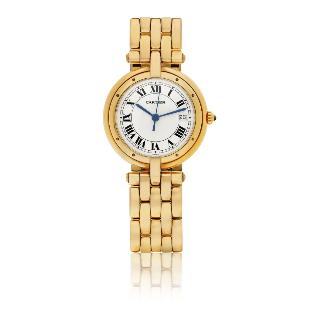 View full screen - View 1 of Lot 34. CARTIER | PANTHERE, A YELLOW GOLD CENTER SECONDS BRACELET WATCH WITH DATE CIRCA 2010 .
