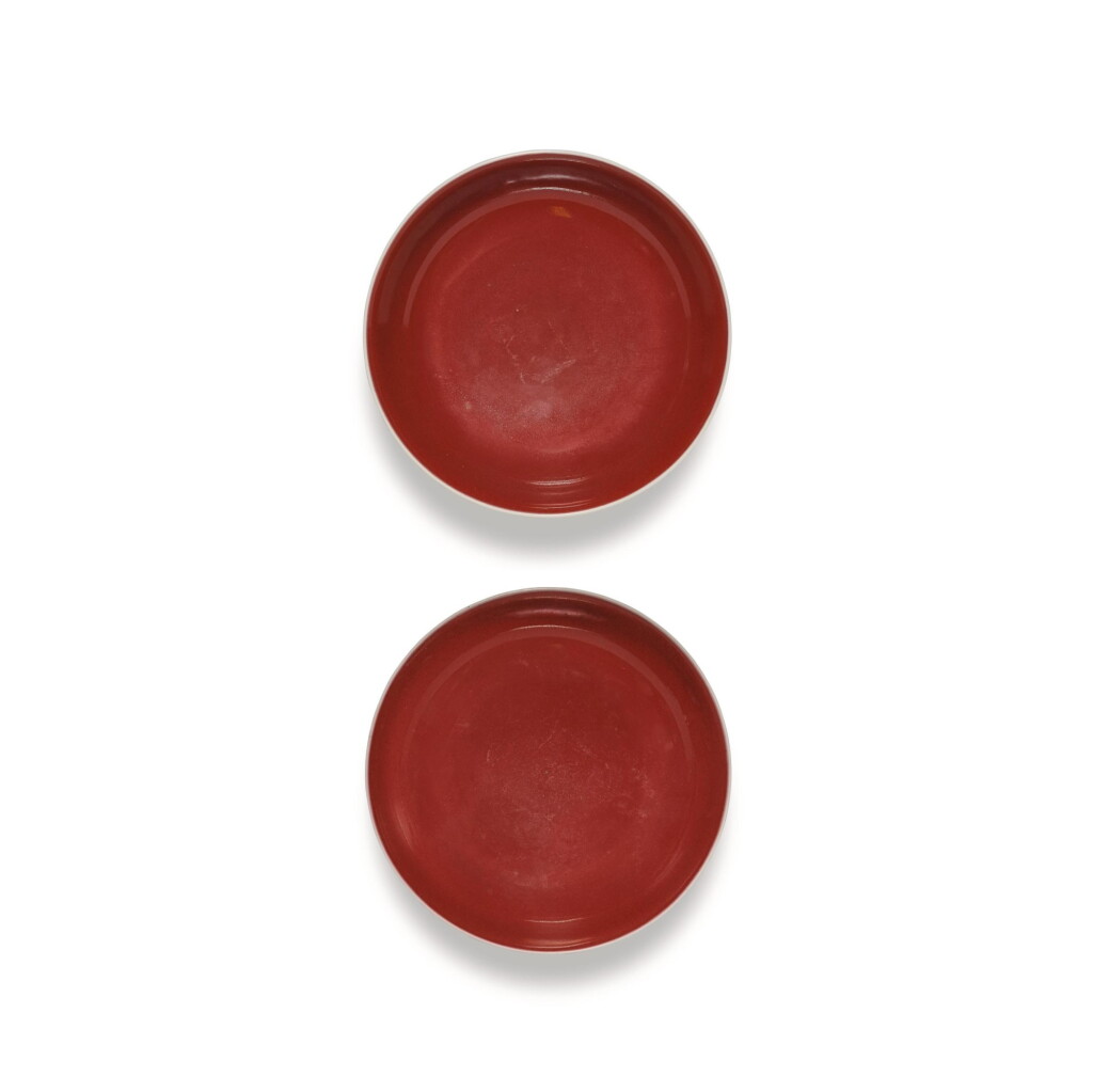 View full screen - View 1 of Lot 187. A PAIR OF COPPER-RED GLAZED SAUCER DISHES, QIANLONG MARKS AND PERIOD | 清乾隆 霽紅釉盤一對 《大清乾隆年製》款.