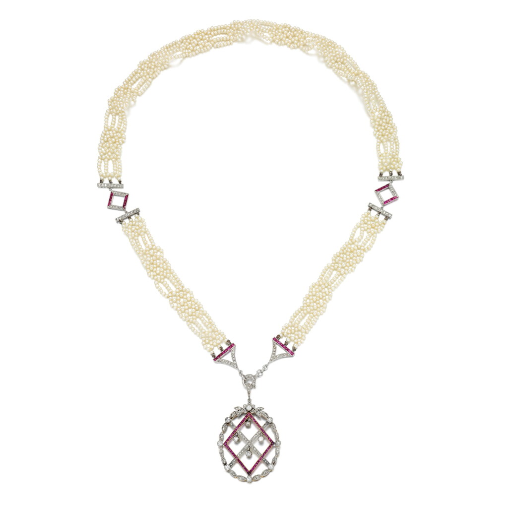 View full screen - View 1 of Lot 31. Seed pearl, ruby and diamond sautoir, circa 1910.