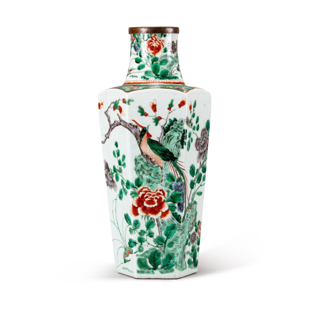 View full screen - View 1 of Lot 229. A famille verte hexagonal 'peony and bird' vase, Qing dynasty, 19th century | 清十九世紀 五彩牡丹鳥紋六方瓶.