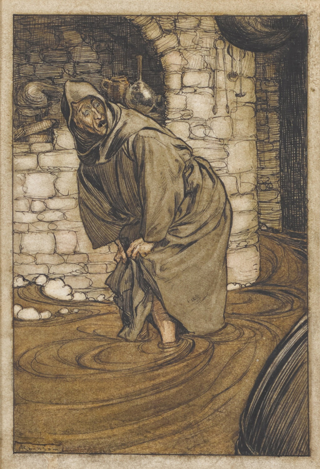 View full screen - View 1 of Lot 284. Arthur Rackham | Original illustration for The lngoldsby Legends (A flood of brown stout he was up to his knees in).